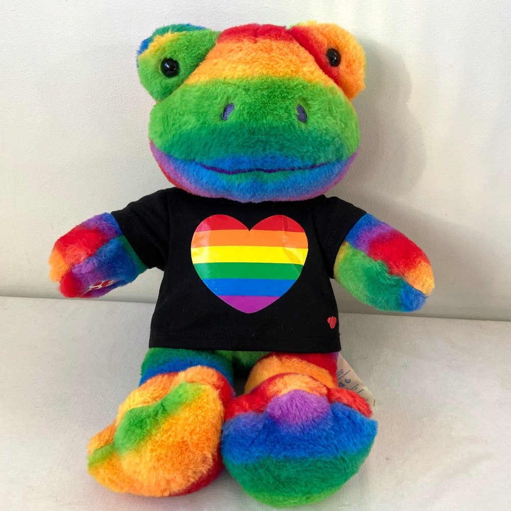 Build A Bear 16" Rainbow Frog Plush Stuffed Animal Hoppy Pride Black Heart Tee